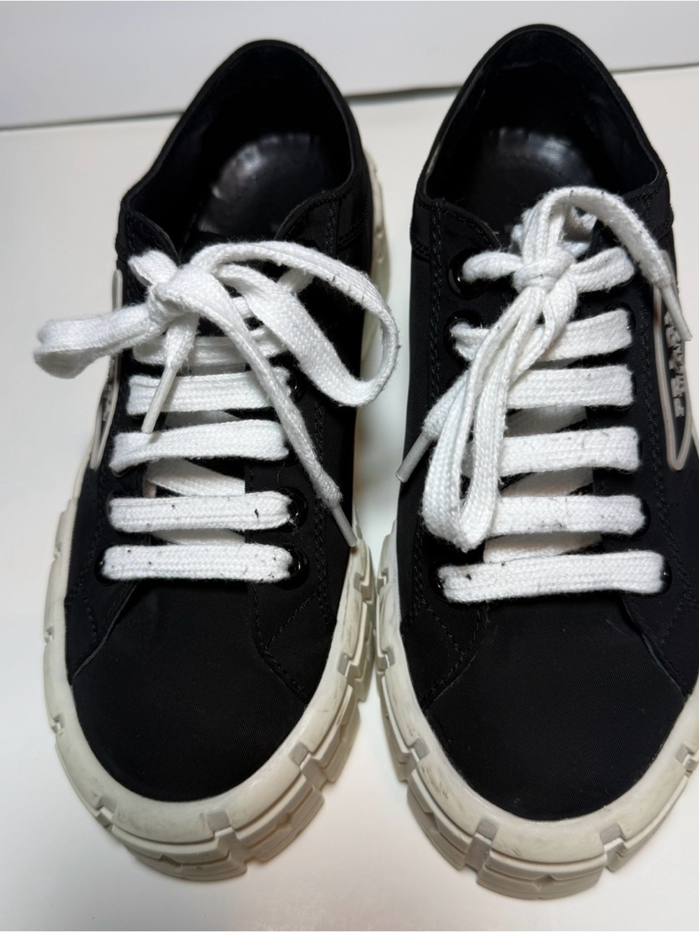 Prada Black Canvas Platform Women’s Sneakers with White Laces